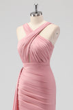 Blush Mermaid Cut Out Side Streamer Pleated Satin Long Bridesmaid Dress with Slit