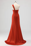 Rust Mermaid One Shoulder Ruched Satin Long Bridesmaid Dress with Slit