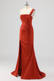 Rust Mermaid One Shoulder Ruched Satin Long Bridesmaid Dress with Slit