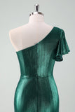 Dark Green Metallic One Shoulder Mermaid Cocktail Dress with Ruffles