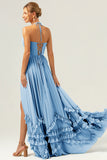 A Line Halter Lace Up Back Chiffon Long Bridesmaid Dress with Slit