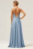 A Line Halter Ruched Satin Open Back Long Bridesmaid Dress with Flower