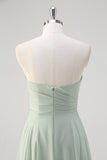 Matcha A Line Strapless Ruched Chiffon Backless Long Bridesmaid Dress