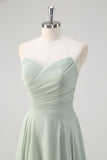 Matcha A Line Strapless Ruched Chiffon Backless Long Bridesmaid Dress