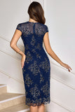 Sheath Tea Length Floral Navy Mother of the Bride Dress with Wrap