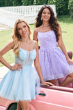 Sparkly Lilac A Line Spaghetti Straps Sequin Short Homecoming Dress with Lace Up Back