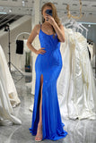 Royal Blue Mermaid Spaghetti Straps Beaded Long Prom Dress With Slit