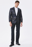 Men's Dark Navy Jacquard Shawl Lapel Prom Blazer