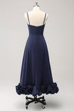 A Line Spaghetti Straps Ruched Long Bridesmaid Dress