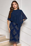 Sheath Tea Length Floral Navy Mother of the Bride Dress with Wrap