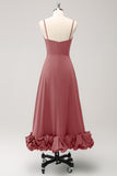 A Line Spaghetti Straps Ruched Long Bridesmaid Dress