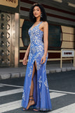 Mermaid Spaghetti Strap Long Blue Prom Dress with Appliques Beading