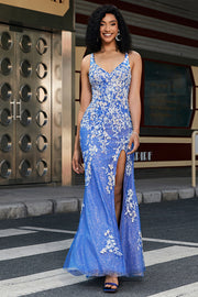 Mermaid Spaghetti Strap Long Blue Prom Dress with Appliques Beading