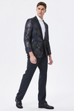 Men's Dark Navy Jacquard Shawl Lapel Prom Blazer