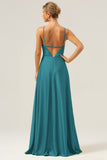 A Line Halter Ruched Satin Open Back Long Bridesmaid Dress with Flower