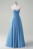 Blue A Line Strapless Pleated Long Prom Dress With Beading