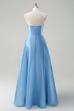 Blue A Line Strapless Pleated Long Prom Dress With Beading