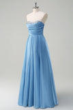 Blue A Line Strapless Pleated Long Prom Dress With Beading