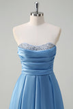 Blue A Line Strapless Pleated Long Prom Dress With Beading