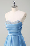 Blue A Line Strapless Pleated Long Prom Dress With Beading