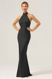 Dark Green Sheath High Neck Halter Backless Long Satin Bridesmaid Dress with Slit