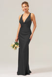 Champagne Mermaid Deep V Neck Ruched Long Bridesmaid Dress with Lace Up Back