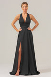 Daffodil A Line Deep V Neck Lace Up Back Long Satin Bridesmaid Dress with Slit