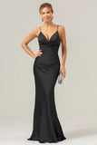 Daffodil Mermaid Spaghetti Straps Front Pleated Long Bridesmaid Dress