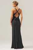 Champagne Mermaid Deep V Neck Ruched Long Bridesmaid Dress with Lace Up Back