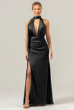 Black Sheath Deep V Neck Open Back Satin Bridesmaid Dress with Streamer