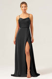 Dark Navy A Line Cowl Neck Long Satin Bridesmaid Dress with Slit