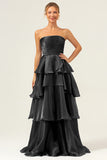 Blue A-Line Strapless Tiered Pleated Ruffled Floor Length Dress