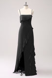 Sheath Spaghetti Straps Ruffle Long Bridesmaid Dress with Slit