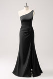 Elegant Olive Mermaid One Shoulder Pleated Backless Bridesmaid Dress with Slit