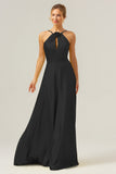 A Line Halter Ruched Satin Open Back Long Bridesmaid Dress with Flower