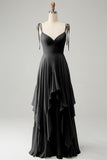 A Line Spaghetti Straps Chiffon Long Eucalyptus Bridesmaid Dress with Ruffles