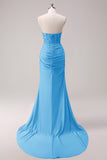 Fuchsia Mermaid Strapless Ruched Corset Beaded Long Prom Dress With Slit