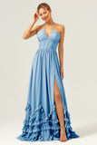 A Line Halter Lace Up Back Chiffon Long Bridesmaid Dress with Slit