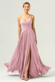 A Line Spaghetti Straps Pleated Chiffon Long Bridesmaid Dress with Slit