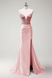 Sparkly Fuchsia Mermaid Beaded Corset Satin Long Prom Dress with Slit