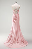 Sparkly Fuchsia Mermaid Beaded Corset Satin Long Prom Dress with Slit