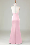 Blushing Pink Mermaid Halter V Neck Open Back Satin Ruched Long Bridesmaid Dress