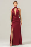 Peacock Sheath Deep V Neck Open Back Long Satin Bridesmaid Dress with Streamer