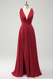 Stylish Burgundy A Line Deep V Neck Backless Long Bridesmaid Dress with Slit