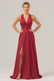 Daffodil A Line Deep V Neck Lace Up Back Long Satin Bridesmaid Dress with Slit