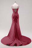 Mermaid Spaghetti Straps Pleated Corset Fuchsia Prom Dress with Slit