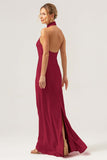 Dark Green Sheath High Neck Halter Backless Long Satin Bridesmaid Dress with Slit