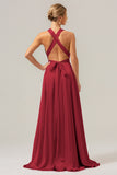 Daffodil A Line Deep V Neck Lace Up Back Long Satin Bridesmaid Dress with Slit