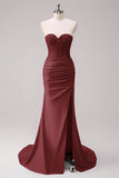 Fuchsia Mermaid Strapless Ruched Corset Beaded Long Prom Dress With Slit