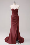 Fuchsia Mermaid Strapless Corset Appliqued Long Prom Dress with Slit